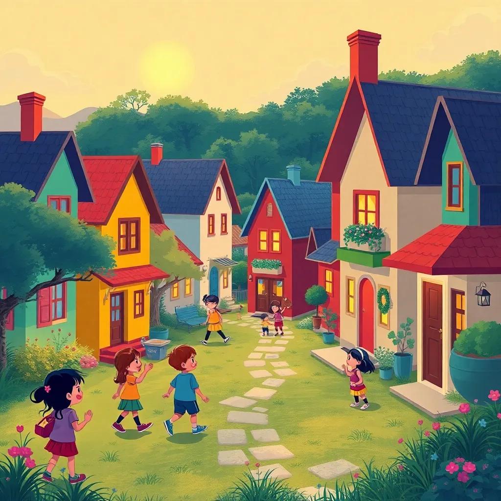 A cheerful scene of the village with colorful houses, kids playing and talking, happy vibe, full of life and laughter, illustration, warm atmosphere, inviting