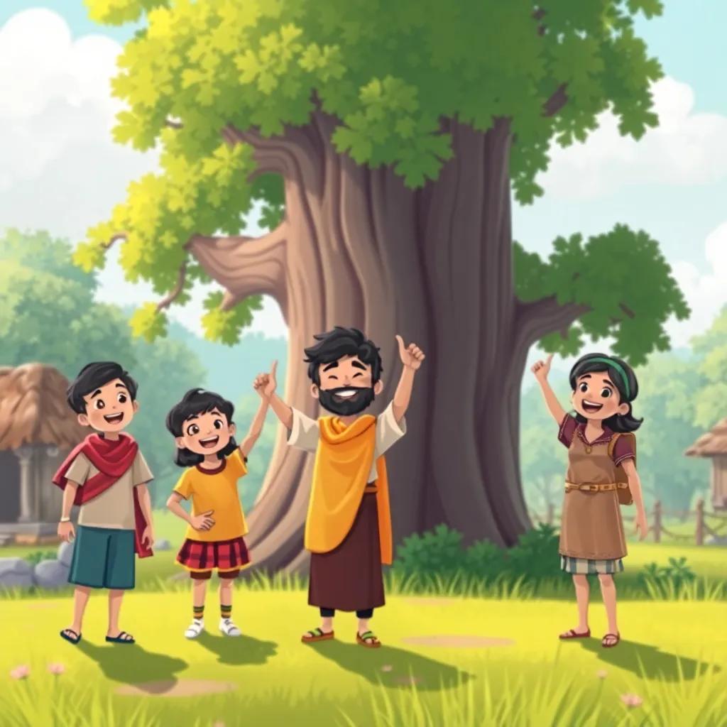 Ali and his friends celebrating their knowledge, holding hands, smiling faces, by a big tree in the village, enjoying their learning together, bright colors, heartwarming scene