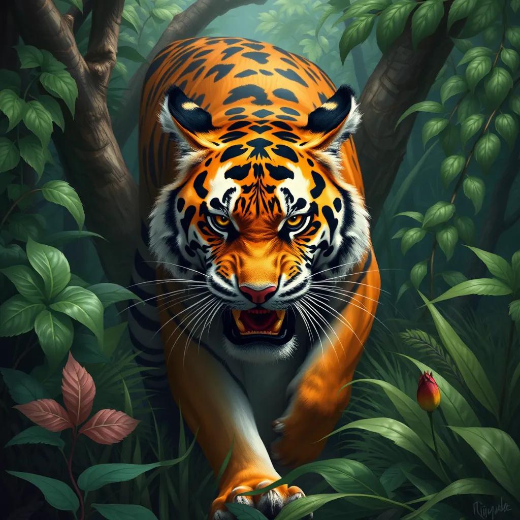 A fearsome spotted tiger named Rix with colorful orange and black fur, prowling through a dense green jungle filled with lush plants and trees, digital art, vibrant colors, detailed and lively scene