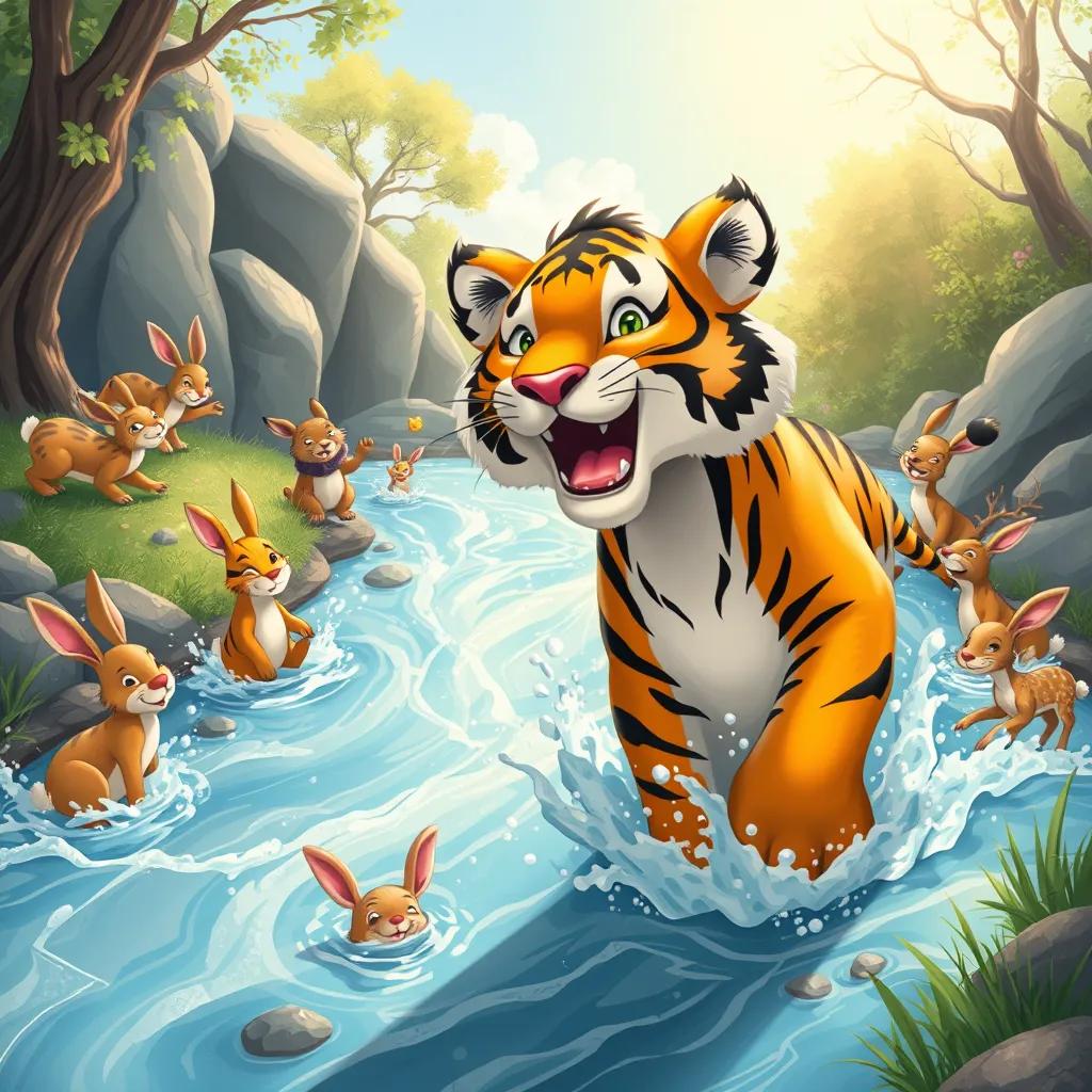 Rix the tiger excitedly approaching a flowing river surrounded by playful animals like rabbits and deer, splashing water and creating a joyful atmosphere, bright sunlight, cheerful setting, children-friendly illustration