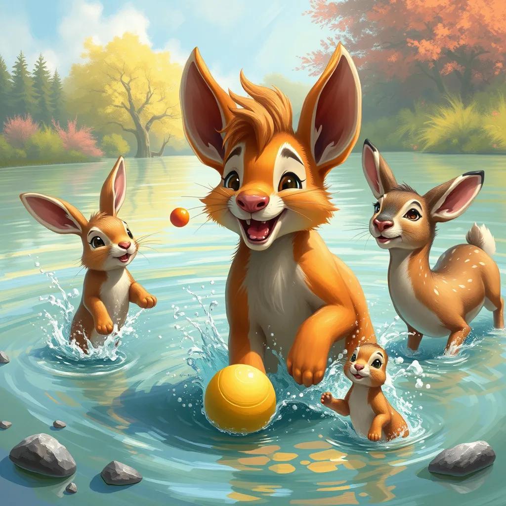 Rix playing in the water with his new friends, rabbits and deer, jumping and playing ball, bright colors, sunny day, happy expressions, digital painting, lively and engaging