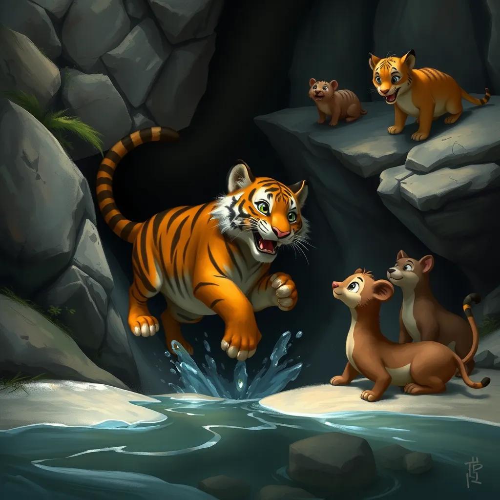 A scene where Rix the tiger slips on a slippery rock and falls into a deep area, with concerned animals around him, emphasizing teamwork and friendship, dramatic but child-safe, digital art, emotional scene