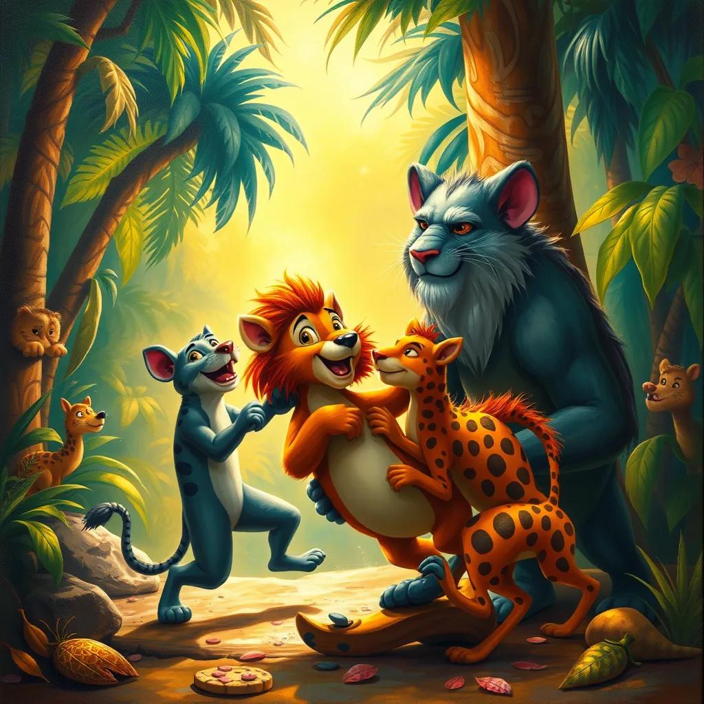 Animals working together, pulling Rix from danger, illustrating teamwork and friendship, colorful jungle background, warm light, positive energy, uplifting and heartwarming