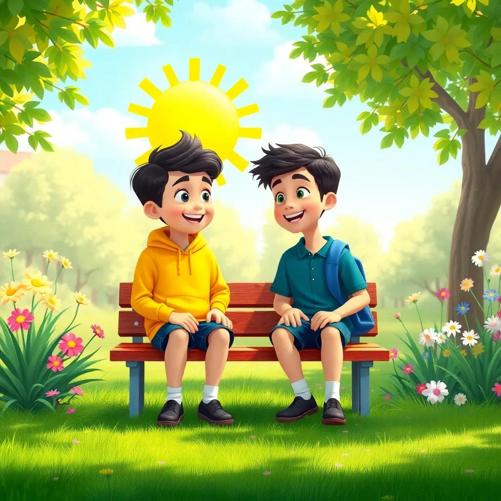 A sunny school garden with two young boys, Sami and Karim, sitting on a bench discussing, green grass and flowers around, cheerful atmosphere, colorful features, children-friendly setting, digital art