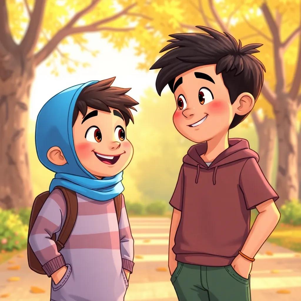 Two young boys, Sami and Karim, having a friendly conversation, a warm and inviting background of a sunny park, Sami smiling and looking excited, Karim nodding in agreement, child-friendly, joyful scene, illustration
