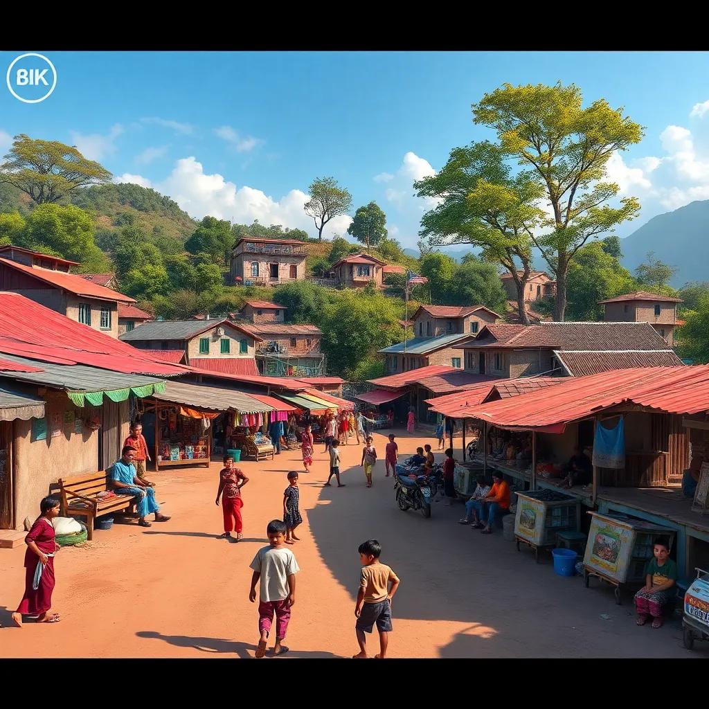 A small village in the background with houses, a market, and trees, vibrant colors, lively atmosphere, children playing, digital art