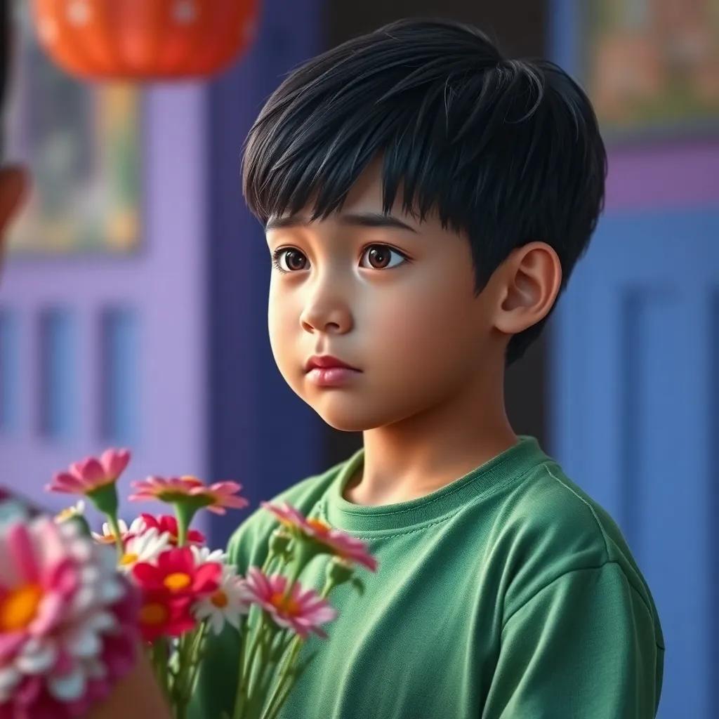 A young boy, حسام, with short black hair and a green shirt, looking nervously at a girl while holding flowers, bright colors, cheerful scene
