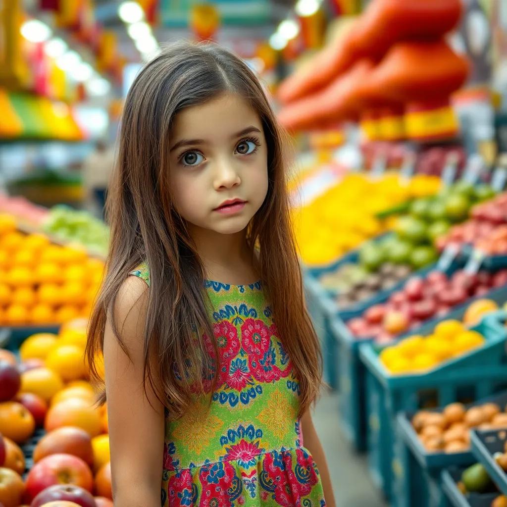 A young girl, سارة, with long brown hair wearing a colorful dress, looking surprised while shopping for fruits in the market, vibrant sights and colors