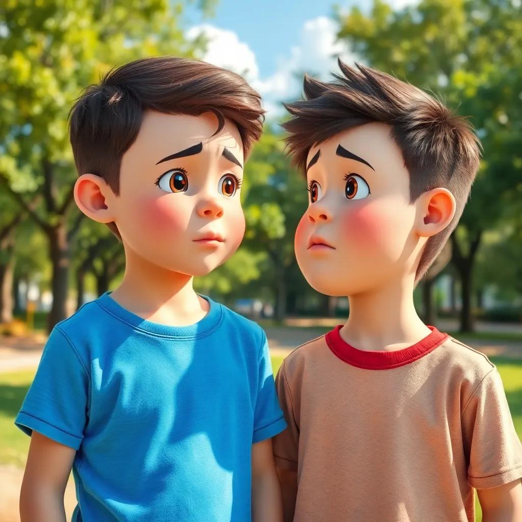 Two boys, كريم and حسام, in the park arguing with each other; حسام looking upset, with sunny skies and trees, playful mood, children-friendly art