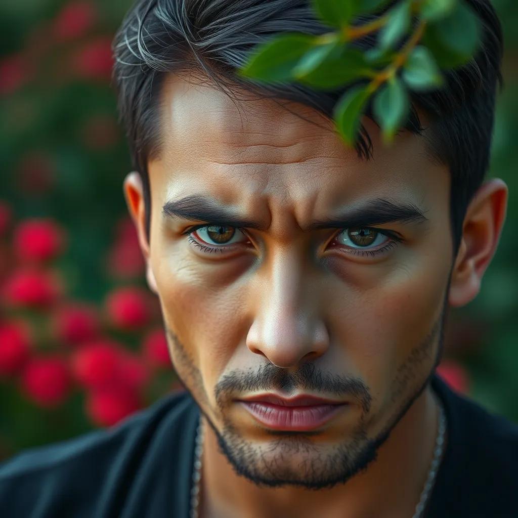 A close-up of حسام looking determined with a serious expression, a hint of sadness in his eyes, vibrant nature background, engaging scene