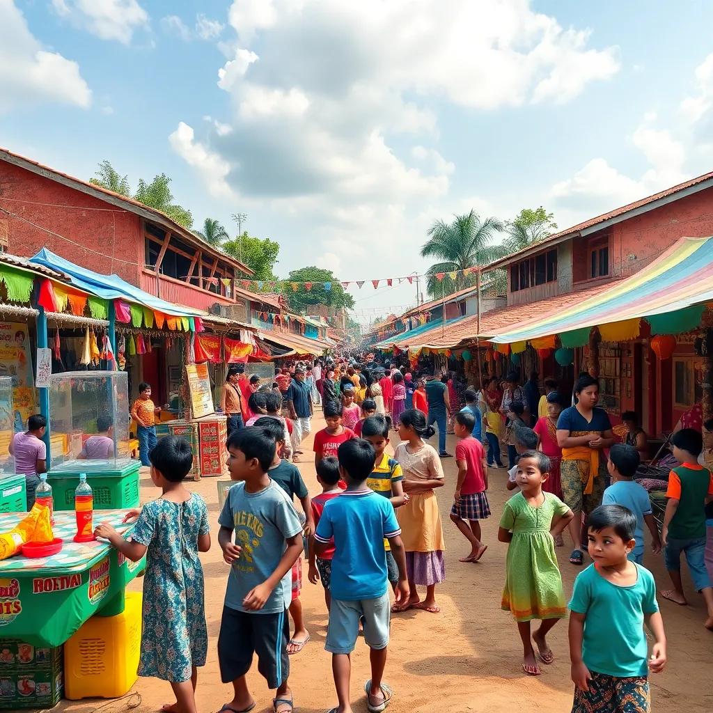 A fun and colorful scene of a village festival with games and activities, lots of children playing