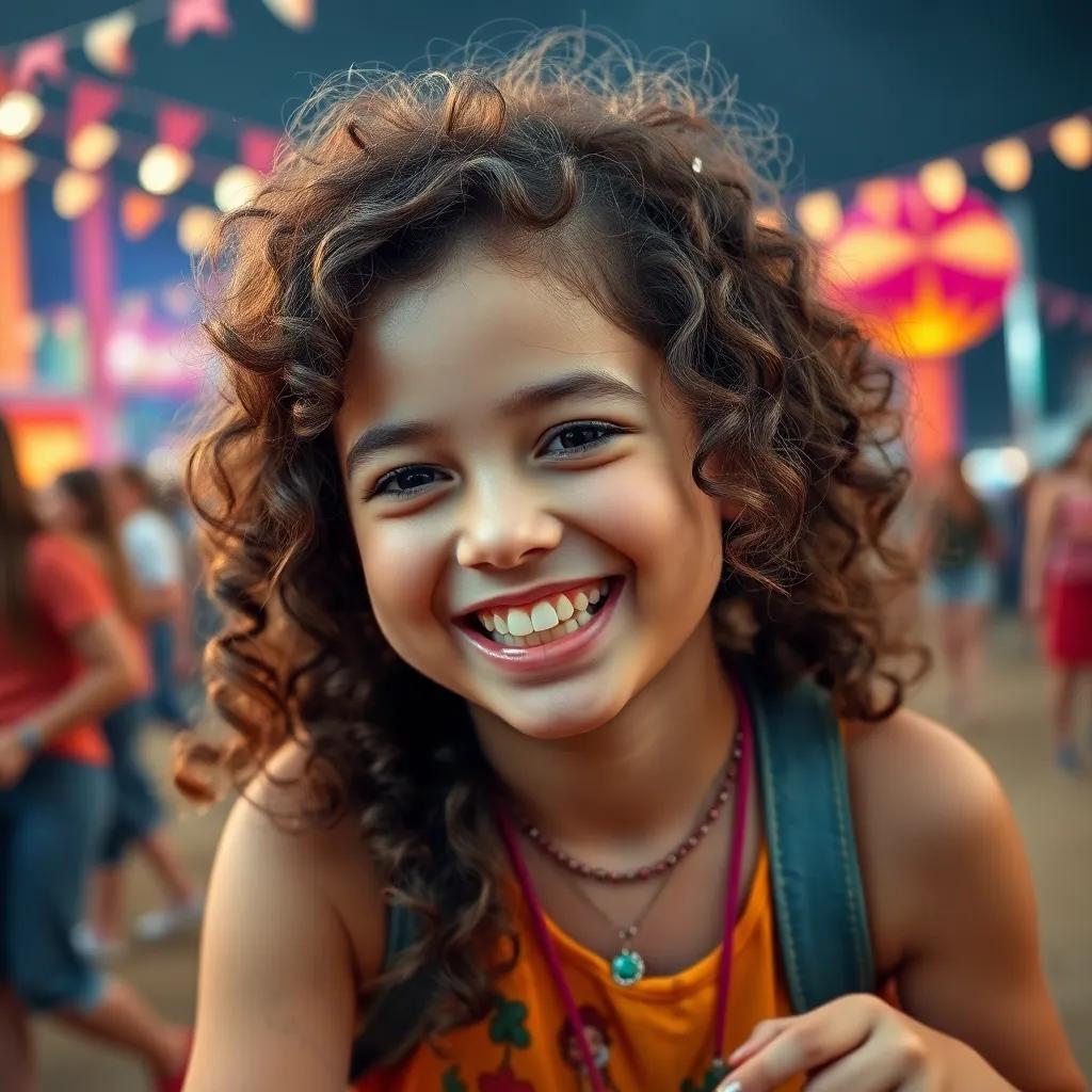 A young girl, ليلى, with curly hair and a bright smile, laughing and playing with حسام at the festival, joyful atmosphere
