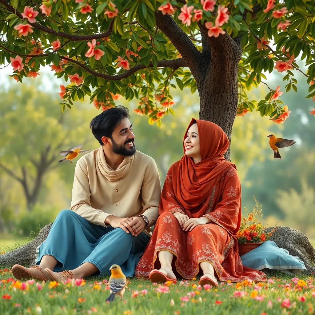 Hسام and ليلى sitting together under a tree, talking and laughing, with some birds and flowers around, warm colors, friendly vibe
