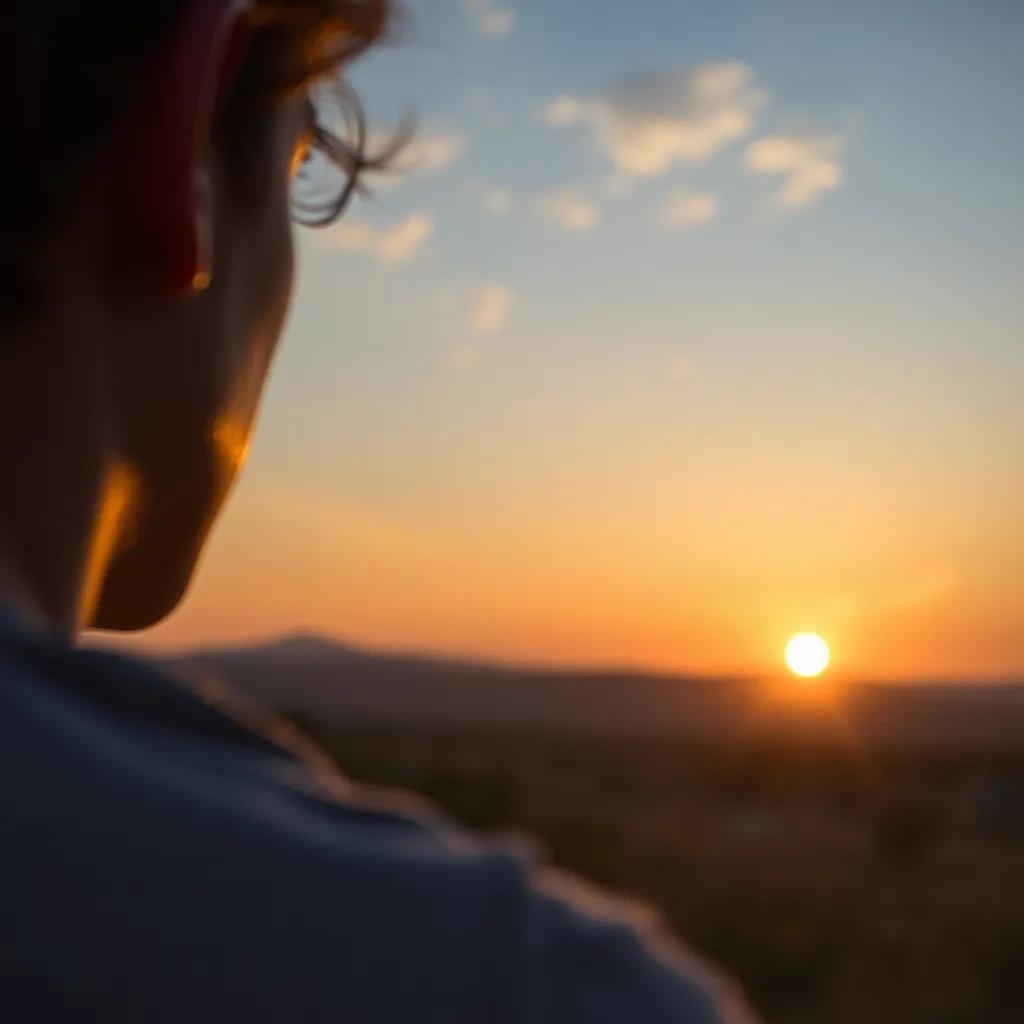 A scene showing حسام reflecting while looking at the sunset, deep in thought, with gentle light and soft colors, peaceful feel