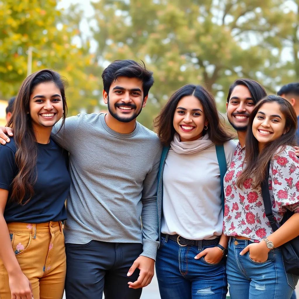 A happy scene of حسام and ليلى standing together with friends, all smiling, vibrant background, celebrating friendship