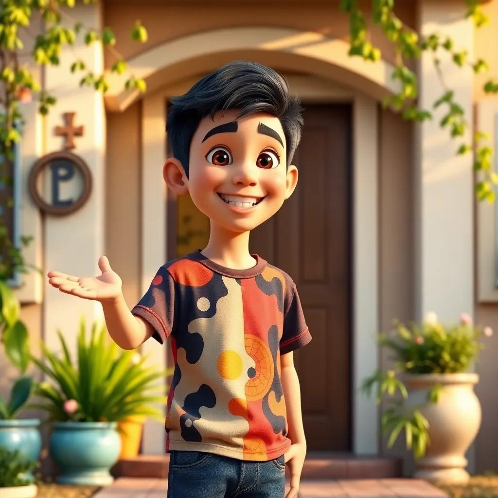 A young Arab boy, Samer, with short dark hair wearing a colorful t-shirt and jeans, standing in front of his house, inviting neighbors with a big smile, warm afternoon light, cheerful atmosphere, friendly interaction, high quality
