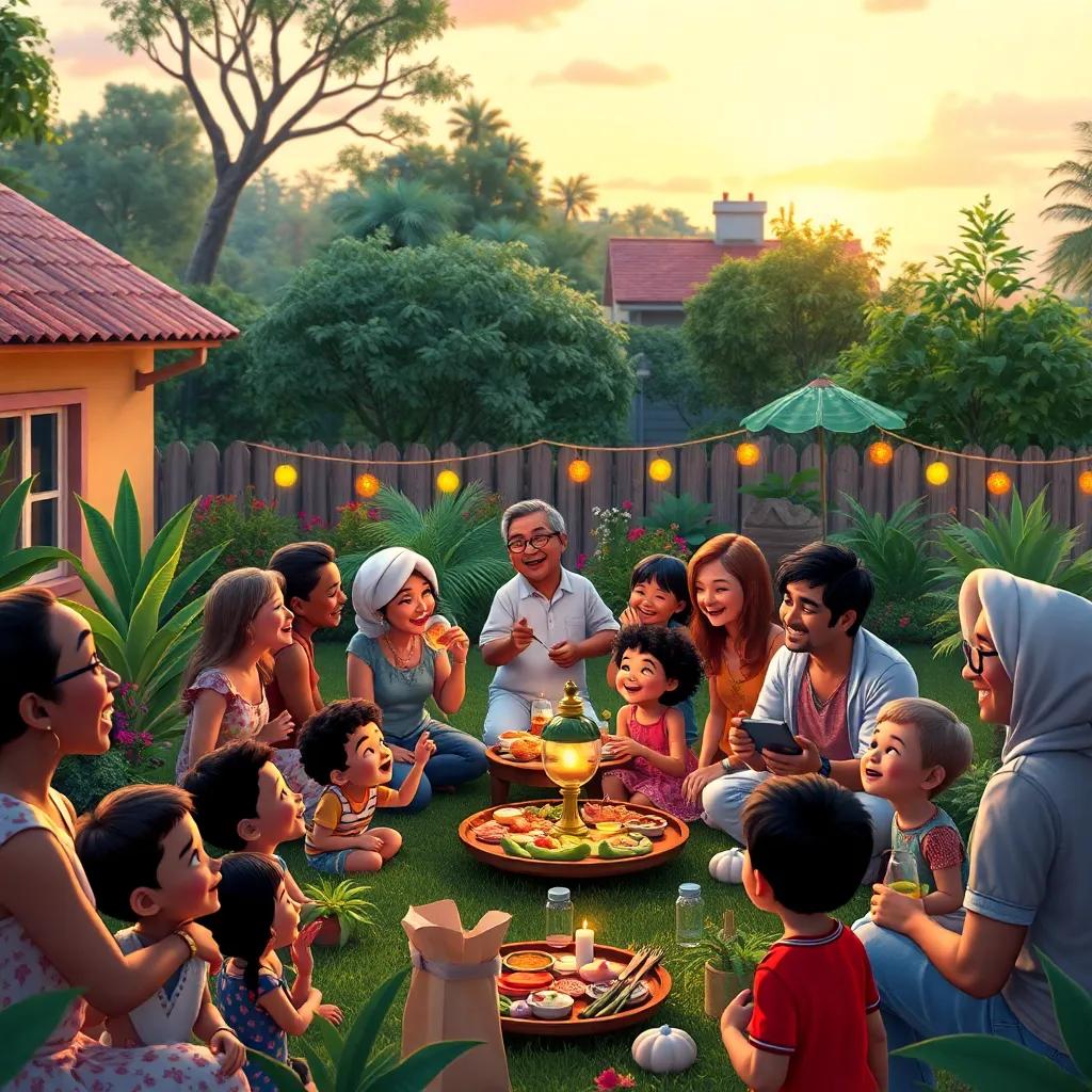 Samir's garden filled with happy neighbors, diverse group of adults and children laughing and enjoying food together, colorful decorations, soft sunset light, harmonious gathering, vibrant and joyful