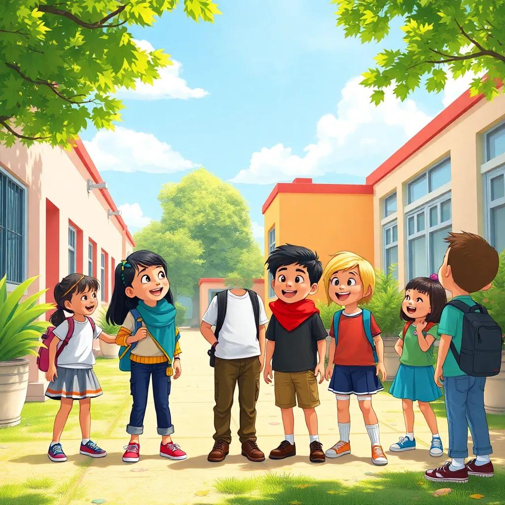 A sunny school yard with children playing and laughing, showing a diverse group of kids, including Sami and Ali, engaging in friendly conversation, bright colors, joyful atmosphere, digital art, vibrant and lively