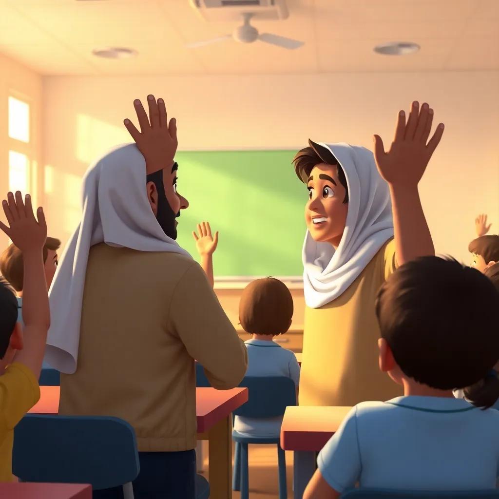 Inside a classroom with children raised hands, showing Sami enthusiastically speaking to the teacher, respectful classroom environment, warm light, inviting feel, digital painting, detail-oriented, educational atmosphere