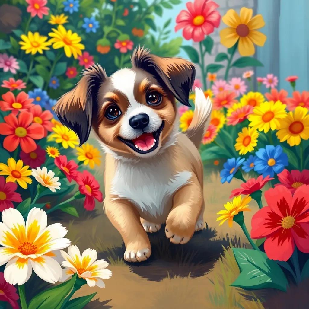 A small dog named Toto, with floppy ears and a wagging tail, playing in a colorful garden with bright flowers, digital art, cheerful atmosphere, vibrant colors, happy, child-friendly