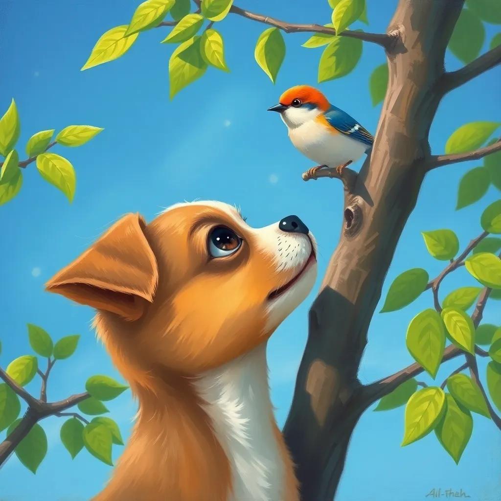A small dog Toto looking up at a little bird sitting on a tree branch, with curious eyes, surrounded by green leaves and bright blue sky, illustration, playful, child-friendly idea