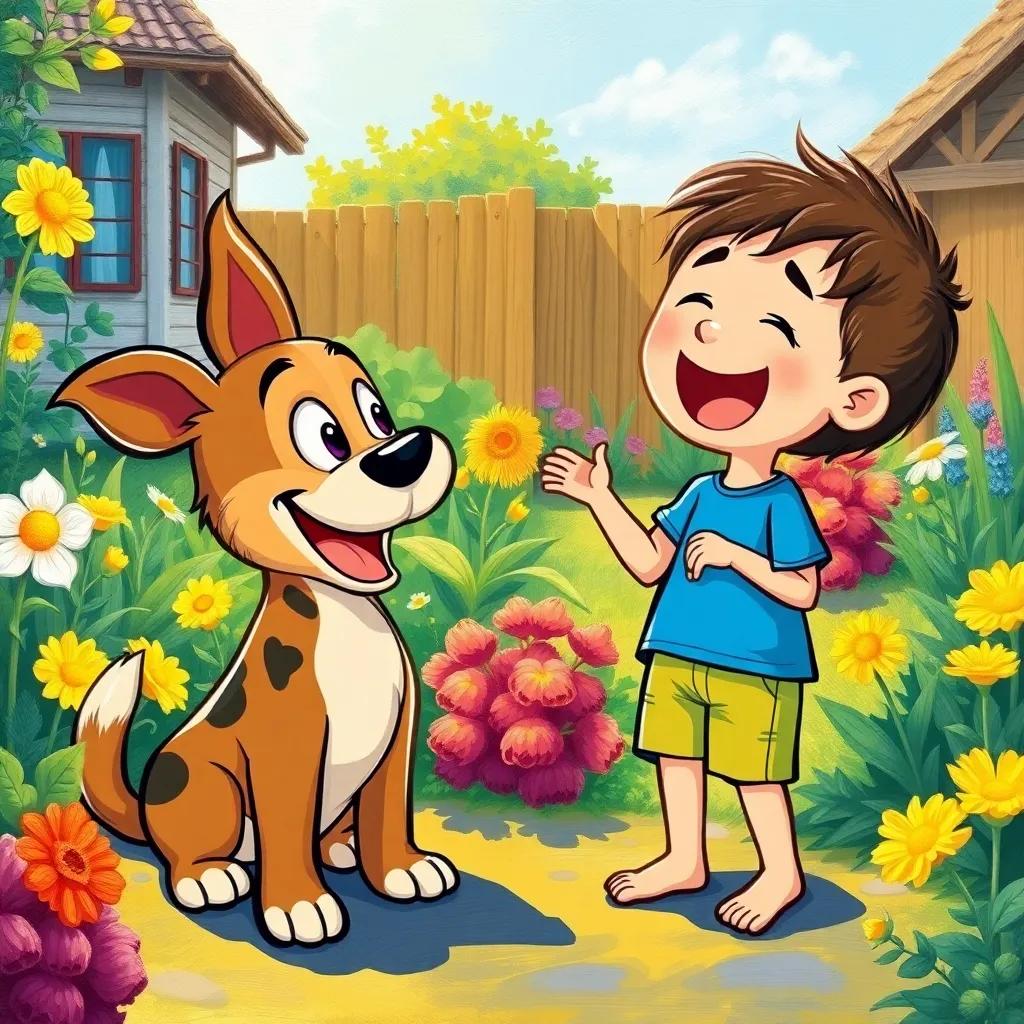 Toto, the small dog, and Shereef, a young boy wearing a blue t-shirt and shorts, laughing and singing together in a sunny garden, cartoon style, joyful vibe, child-friendly illustration