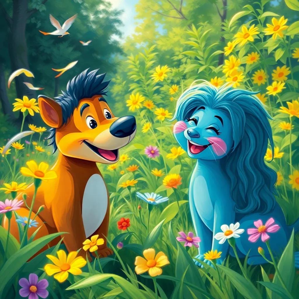 A gentle breeze blowing through the garden with flowers swaying, Toto and Shereef smiling and enjoying the nature around them, digital painting, lively and cheerful, happy scene