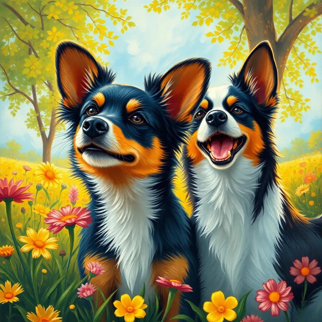 Toto, the small dog, feeling happy in a gentle breeze, looking at flowers and trees while Shereef smiles beside him, bright colors, uplifting scene, high quality