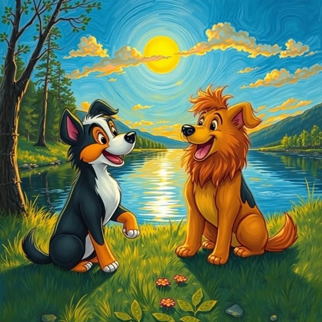 Toto and Shereef playing happily beside the lake, with the sun setting in the background, warm colors reflecting on the water, adventure and joy, delightful illustration