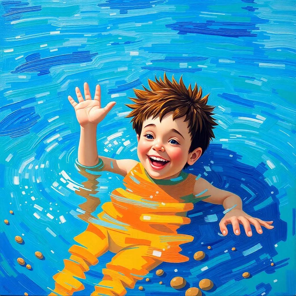 Toto happily swimming in the blue lake, with Shereef encouraging him from the shore, bright colors, playful mood, inspiring scene