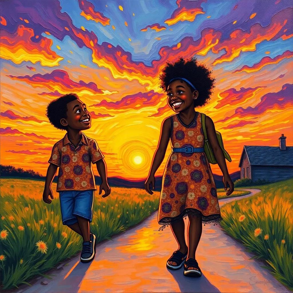 Toto and Shereef walking home at sunset, with the sky painted in orange and purple, both smiling and talking about their day, heartwarming, colorful art