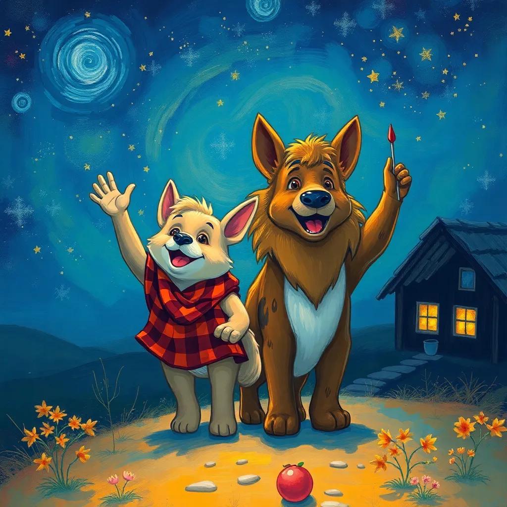 Toto and Shereef waving goodbye as they head home, dreaming about new adventures, under a starry sky, warm and cozy atmosphere, high-quality digital art