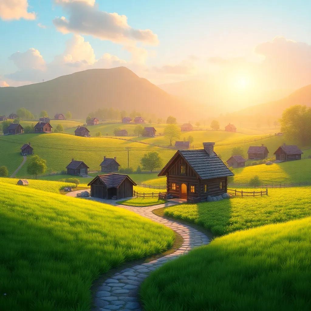 A wonderful village in the morning with lush green fields and a small house where Jesus was born, digital art, bright colors, peaceful atmosphere, high quality