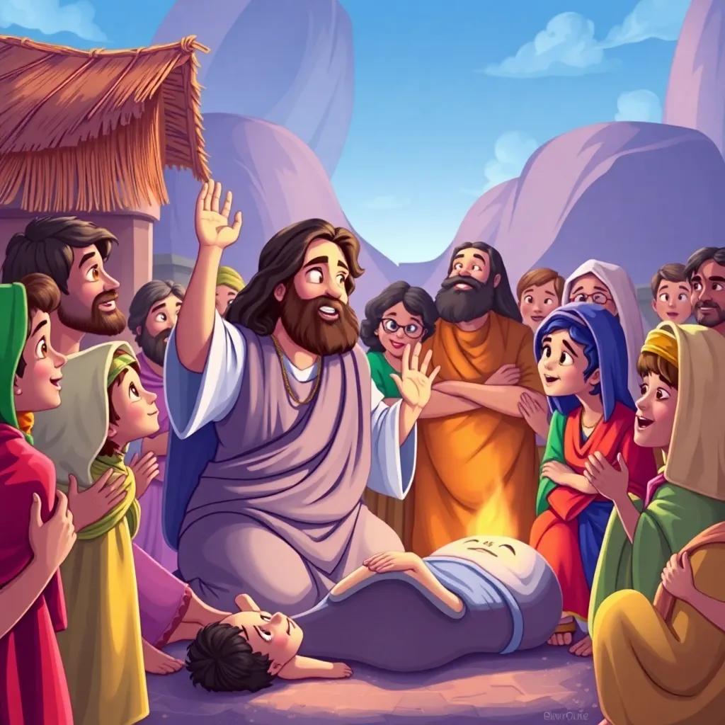 Jesus performing miracles, healing the sick surrounded by amazed villagers in colorful clothes, detailed illustration, vibrant colors, child-friendly, joyful scene