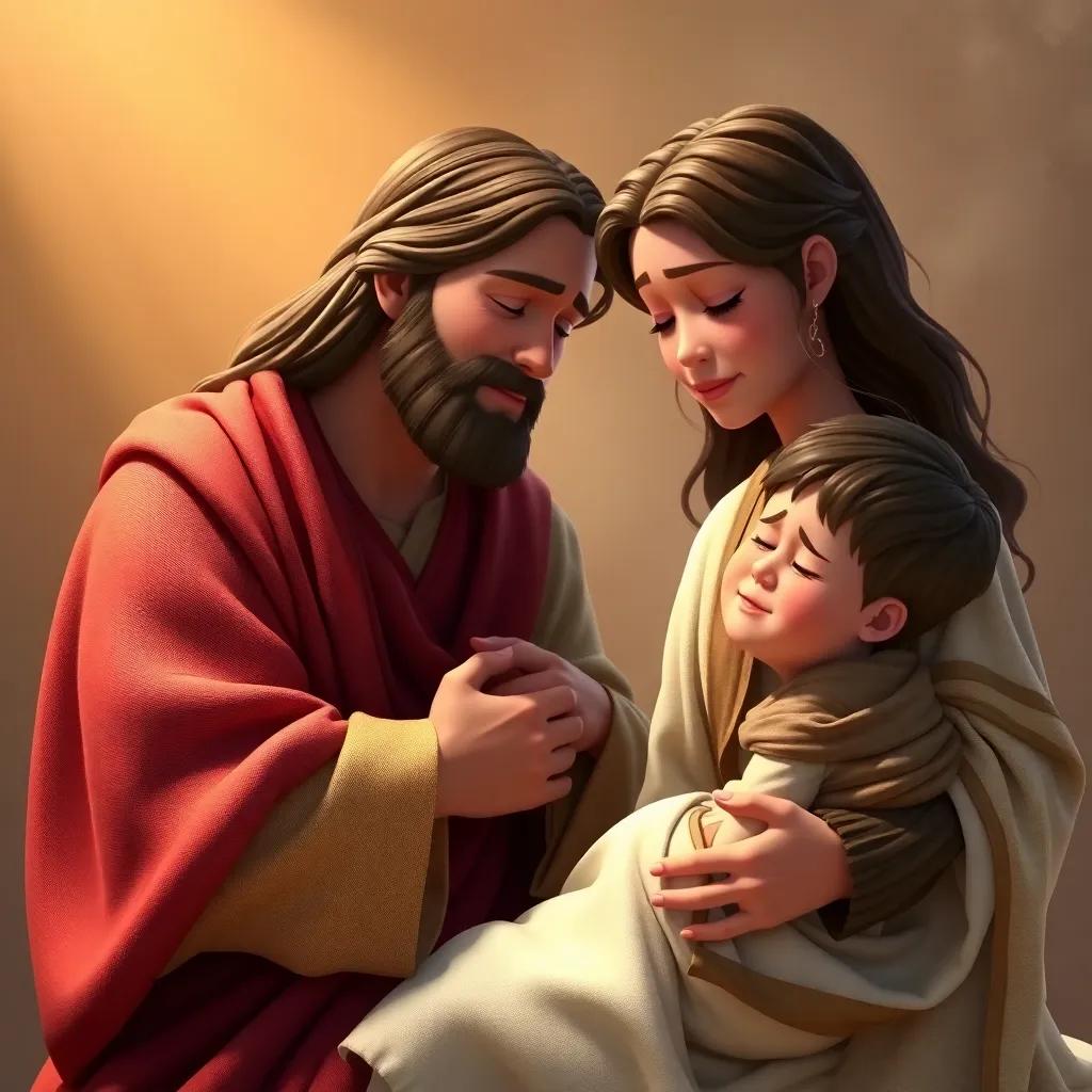 Jesus comforting a crying woman, giving her a kind hug, with a sick child by her side, soft lighting, warm colors, touching moment, heartwarming