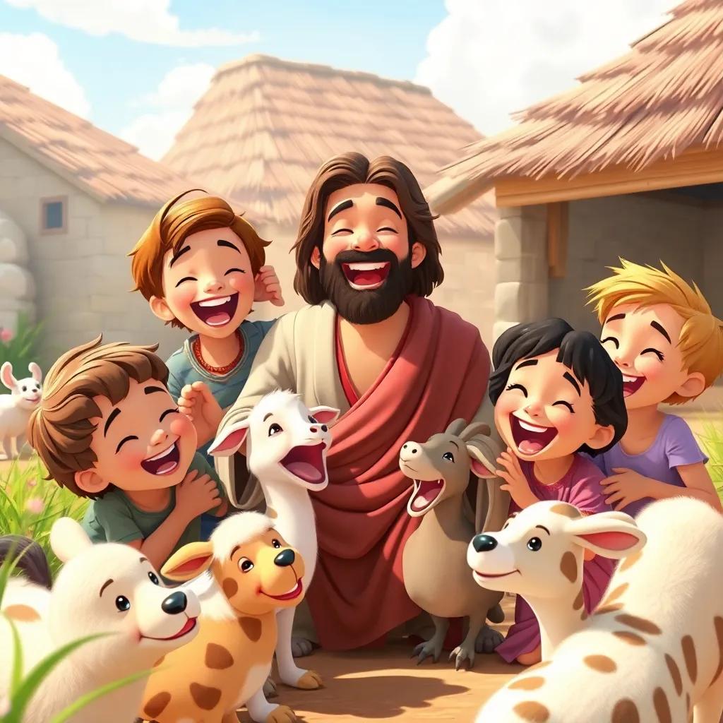 Children laughing and playing with animals around Jesus, joyful expressions, sunny day in the village, cheerful atmosphere, high quality, friendly