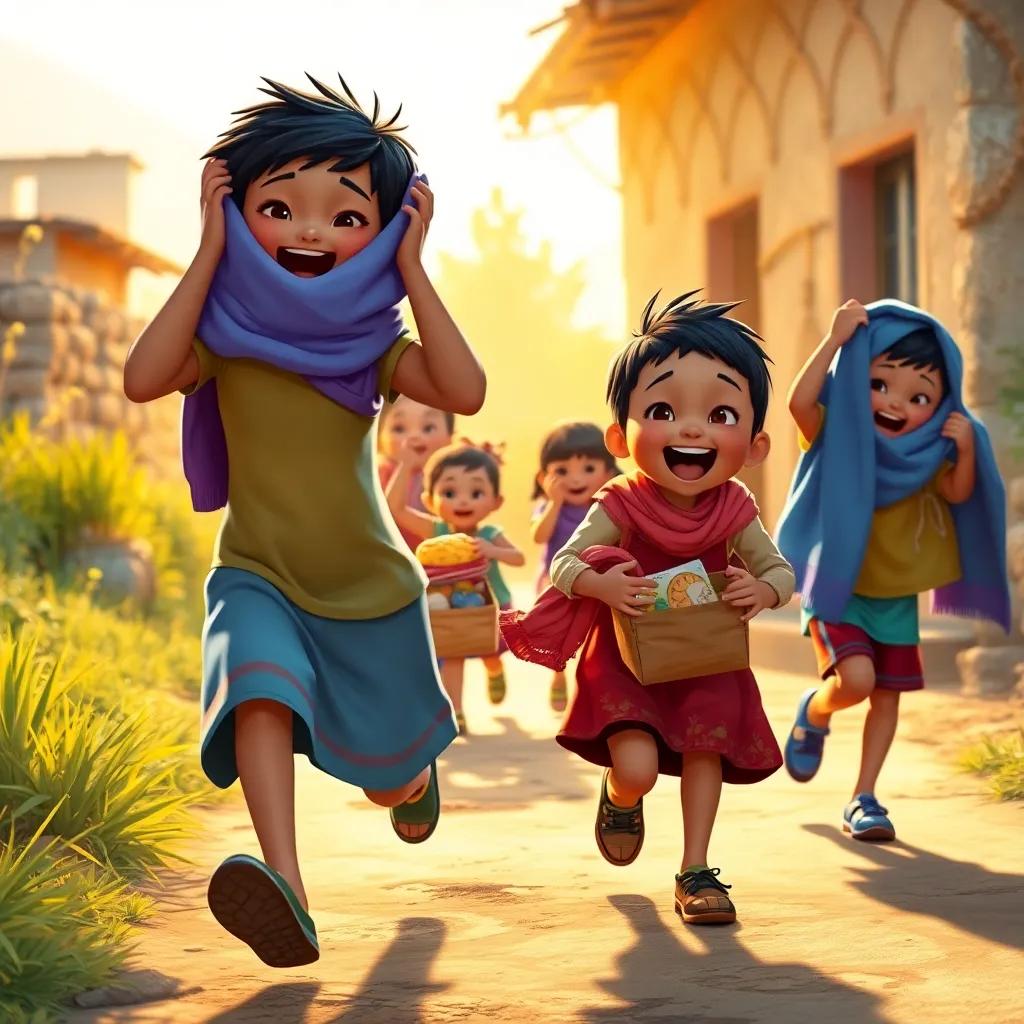 Children gathering food and clothes, excited expressions while running towards a poor family's house, warm sunlight, vibrant colors, positive energy