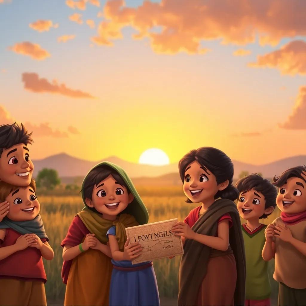 A family of poor villagers surprised and happy receiving help from the children, smiles and gratitude, beautiful sunset, heartwarming scene, child-friendly