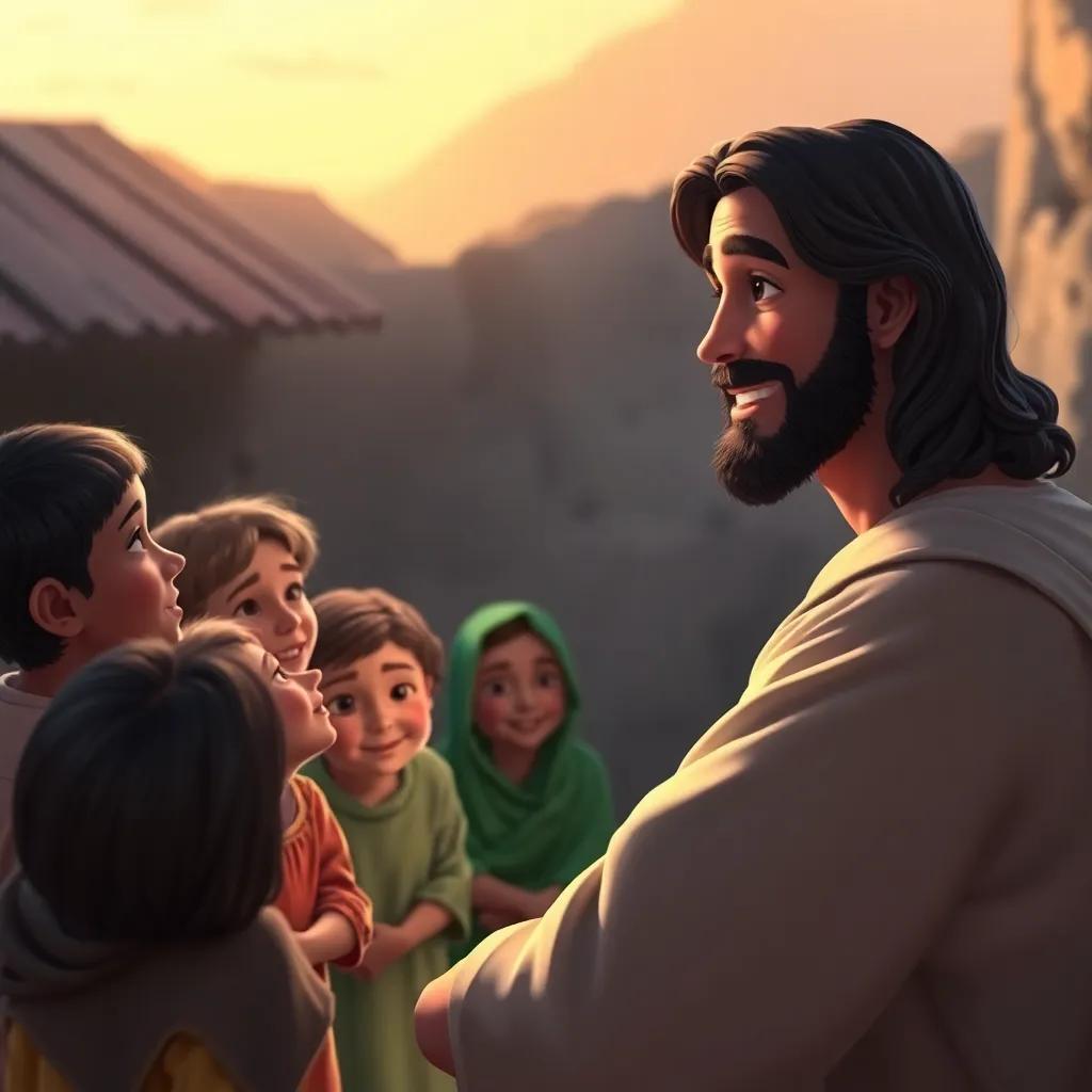 Jesus watching the joyful scene of children helping the poor family, a gentle smile on his face, soft lighting, peaceful atmosphere, inspiring moment
