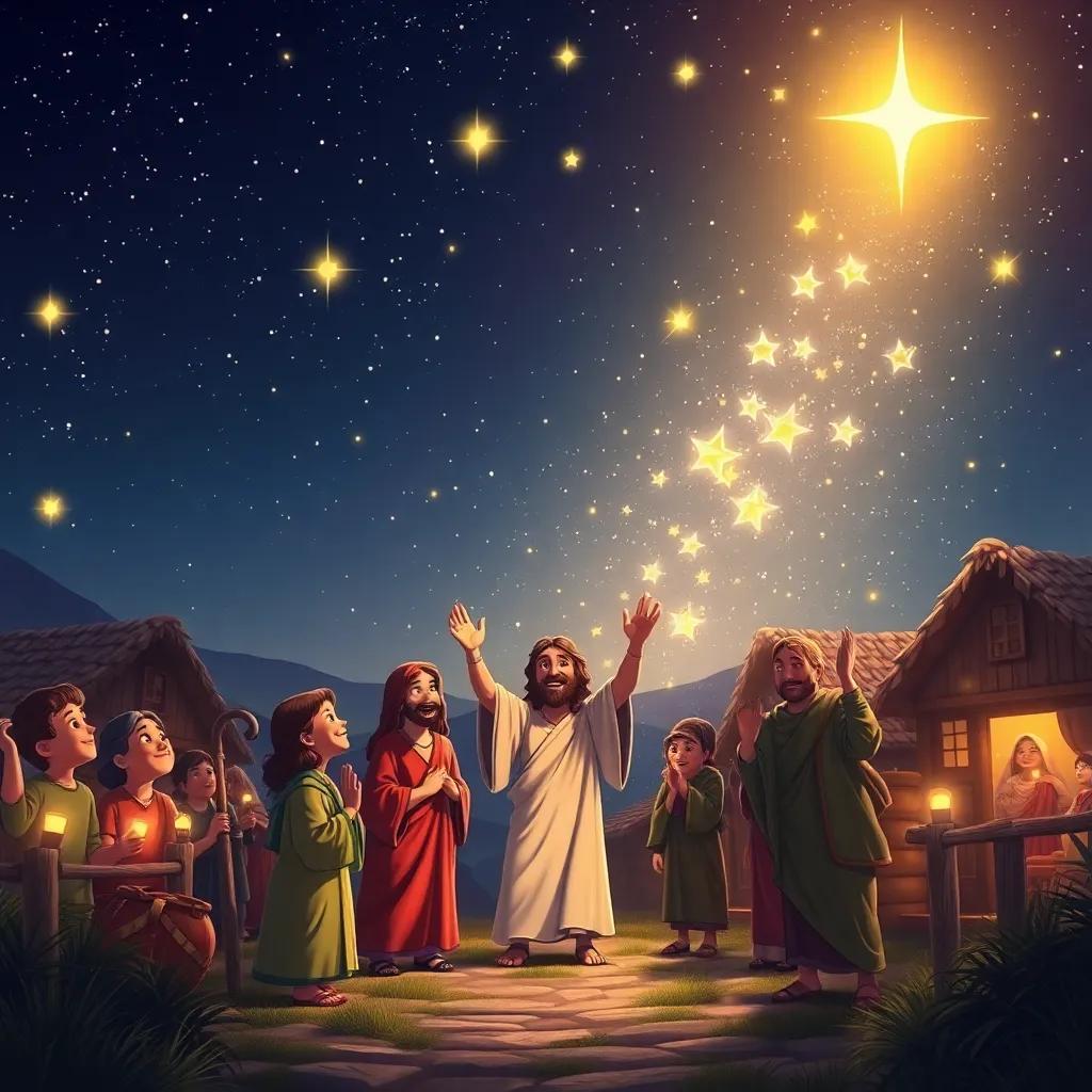 A starry night sky with bright stars shining down on Jesus and the villagers celebrating love and kindness, magical atmosphere, warm colors, uplifting scene