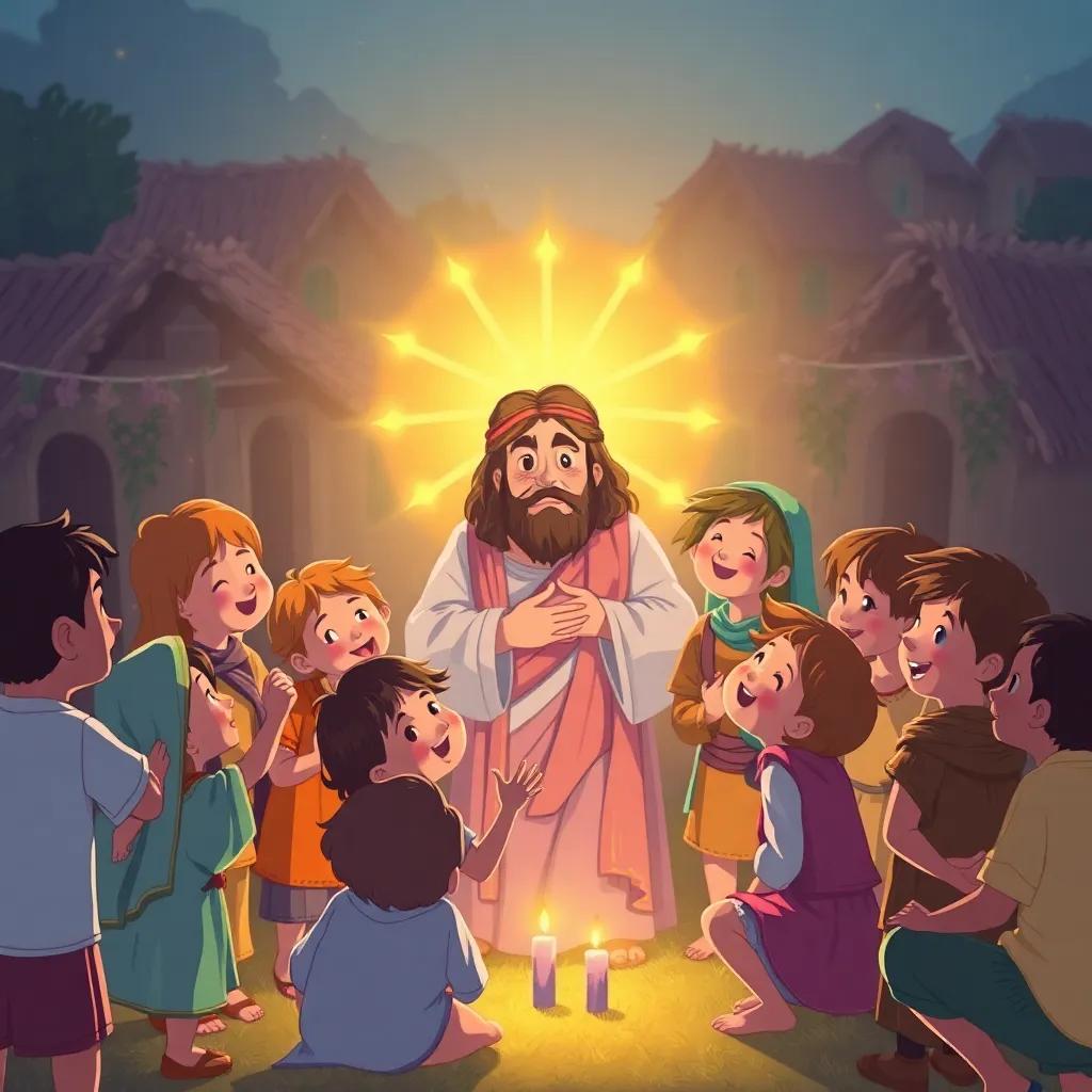 Children and villagers gathering around Jesus, glowing light around them, reflecting love and kindness in their hearts, colorful illustration, festive energy