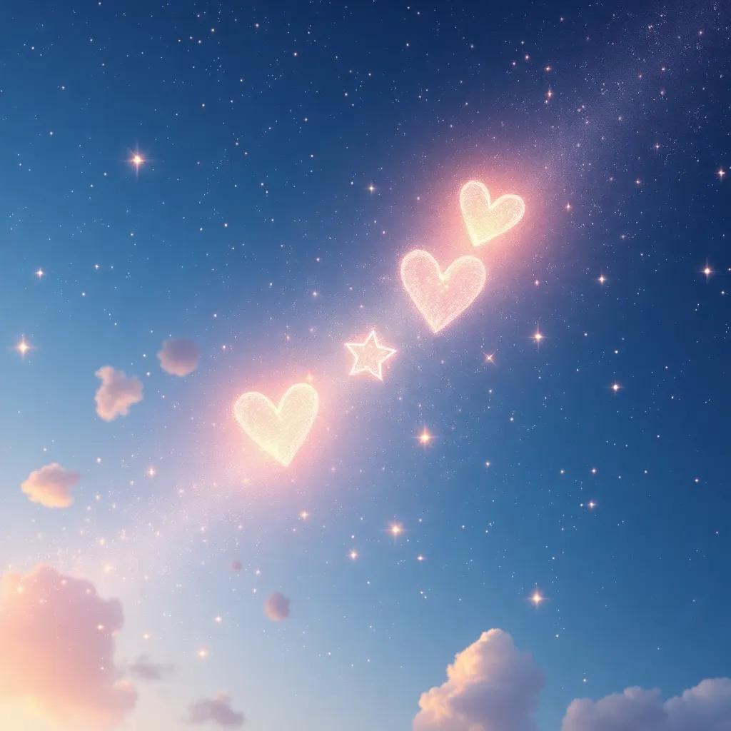 A beautiful luminous sky with twinkling stars, symbolizing hope and love in the air, peaceful scene, high quality, enchanting