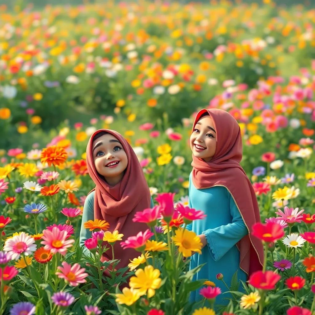 A large green garden filled with colorful blooming flowers, two young Arab girls, Leila and Sara, laughing together, digital art, vibrant colors, cheerful atmosphere, high quality