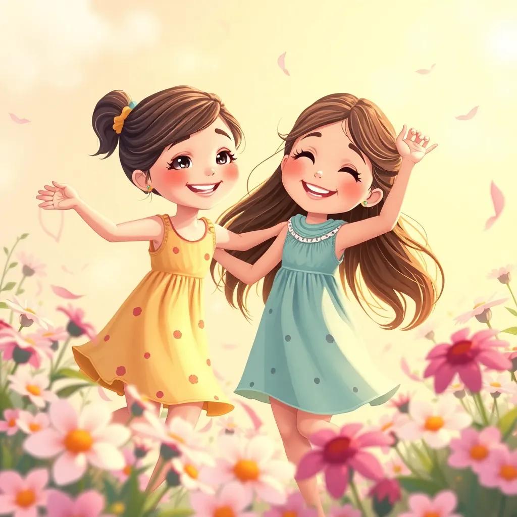 The two young girls, Leila and Sara, dancing around flowers, with a gentle breeze rustling the petals, smiling and having fun, illustration, warm light, joyful perspective, child-friendly