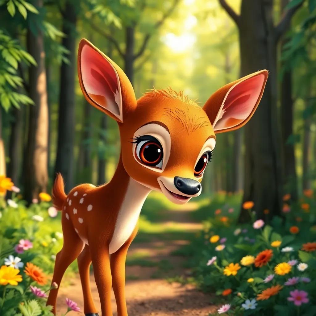 A young deer, Ghassan, with soft brown fur and big eyes, exploring a vibrant forest filled with green trees and colorful flowers, digital art, cheerful atmosphere, warm colors, inviting and friendly setting, high quality