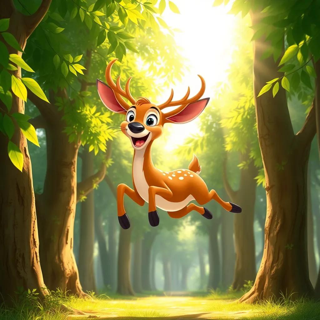 Ghassan, the deer, excitedly jumping between trees, with a playful expression, surrounded by bright sunlight filtering through the leaves, illustration, vibrant and adventurous feel, child-friendly, high quality