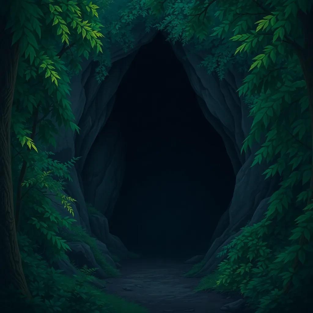 A dark cave entrance in the forest, mysterious and intriguing, with lush greenery around it, digital painting, atmospheric, deep colors, sense of wonder, high quality