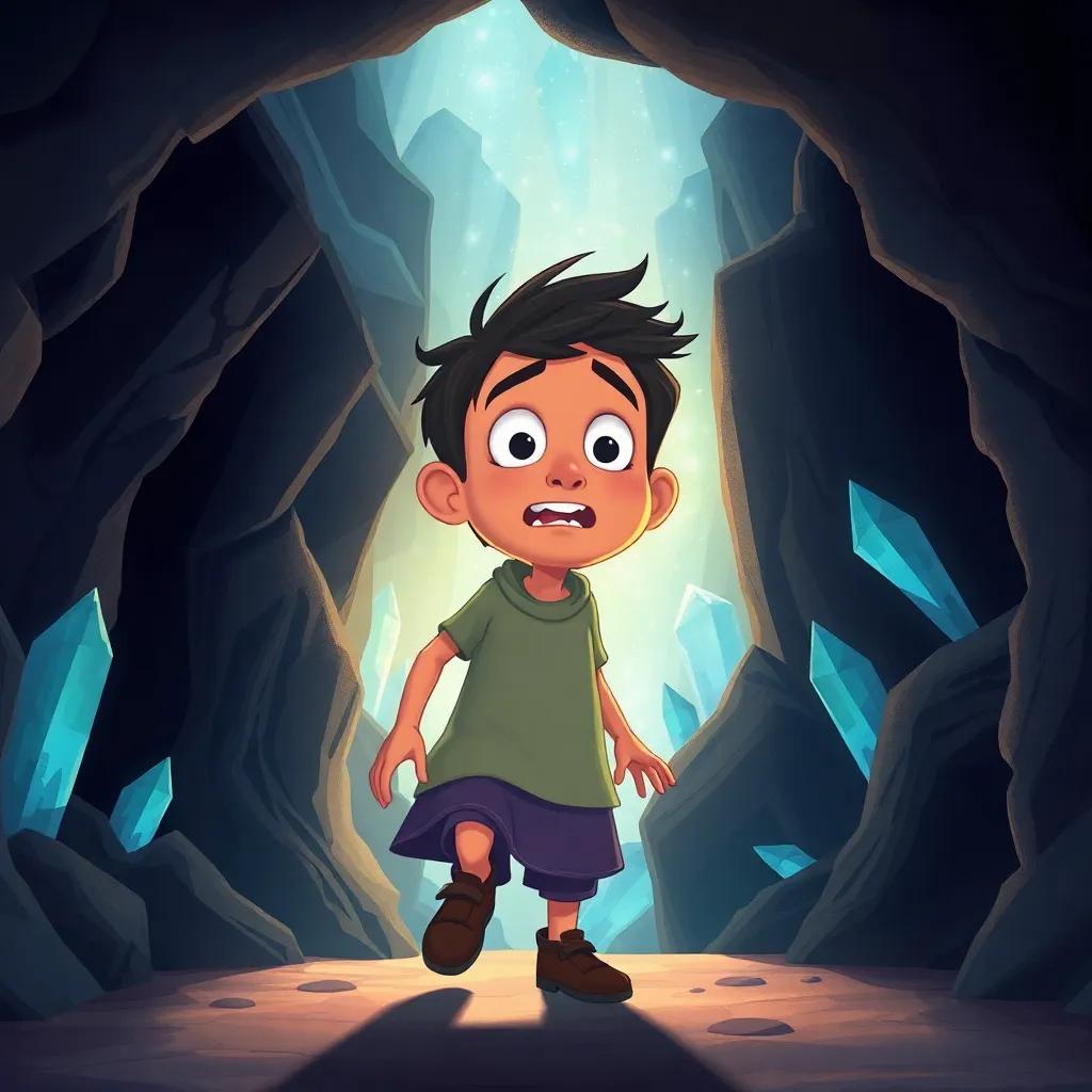 Ghassan stepping into a cave, where sparkling crystals illuminate the darkness, with an amazed expression on his face, illustration, magical atmosphere, dazzling light effects, high quality