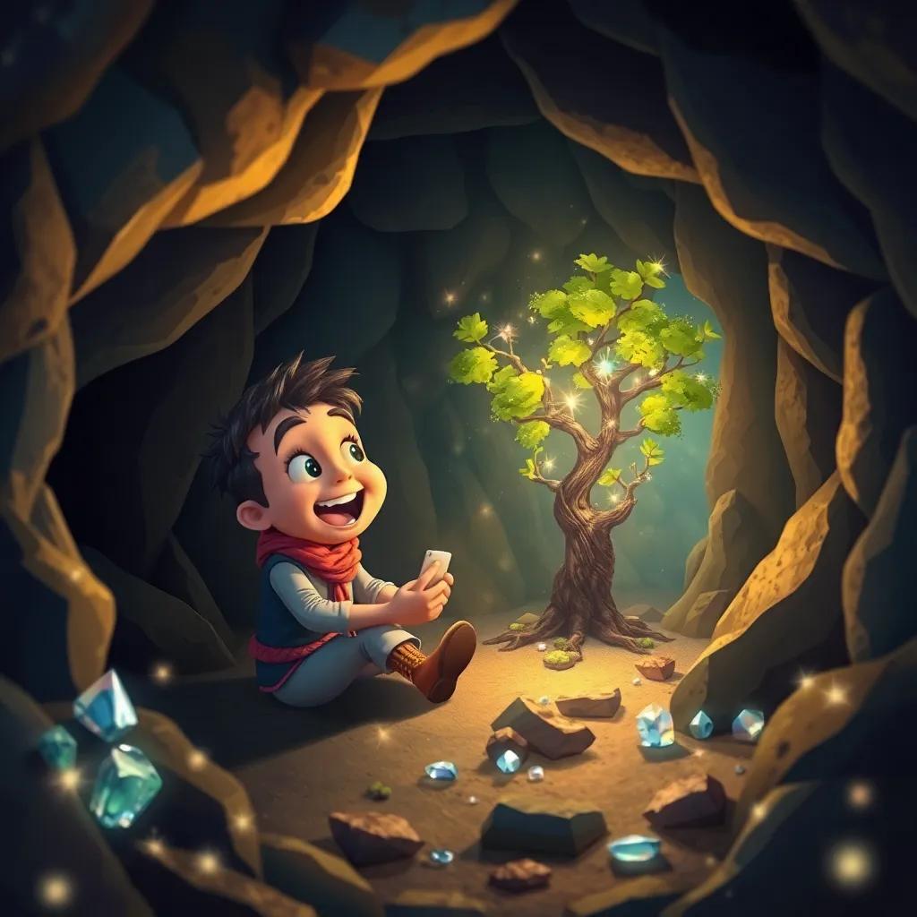 Ghassan finding a small room inside the cave with a little branch from a beautiful tree, with twinkling crystals around, joyful and curious, vibrant colors, fantasy, high quality
