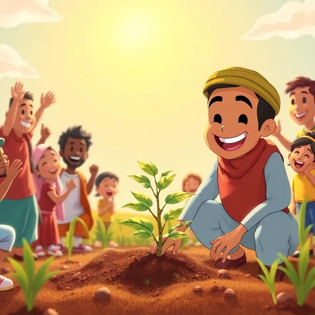 Ghassan planting the little branch in the ground under the sun, with a big smile, surrounded by friends cheering him on, illustration, heartwarming atmosphere, bright colors, high quality